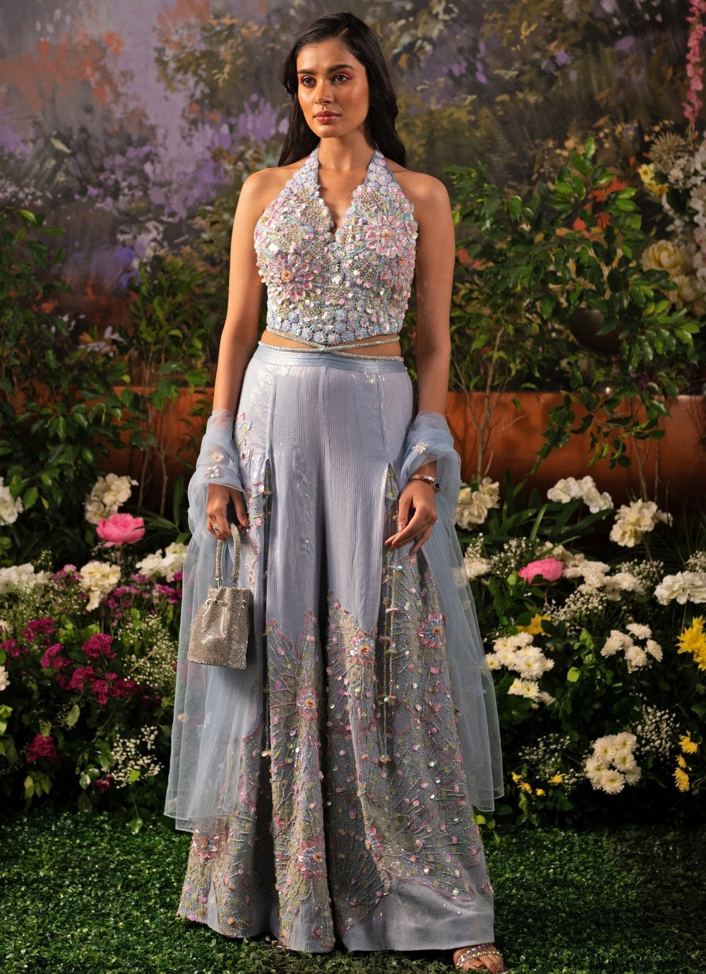 Ice Blue Embroidered Georgette Pant Set Moledro - Fabilicious Fashion