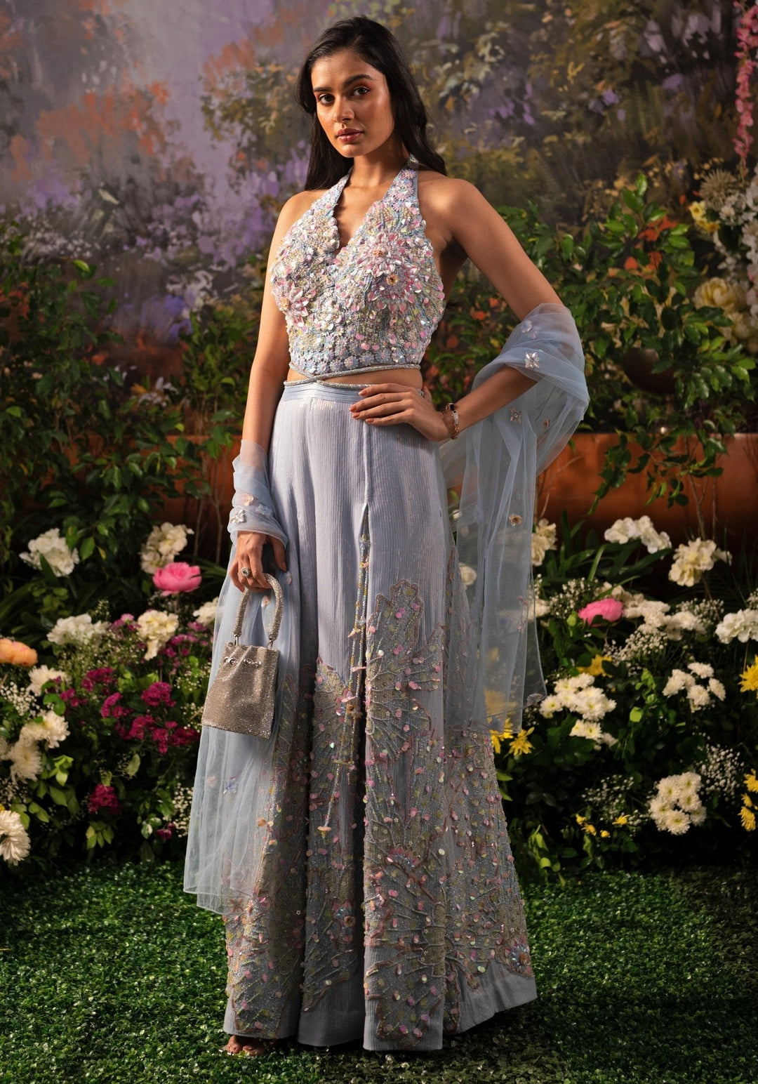 Ice Blue Embroidered Georgette Pant Set Moledro - Fabilicious Fashion
