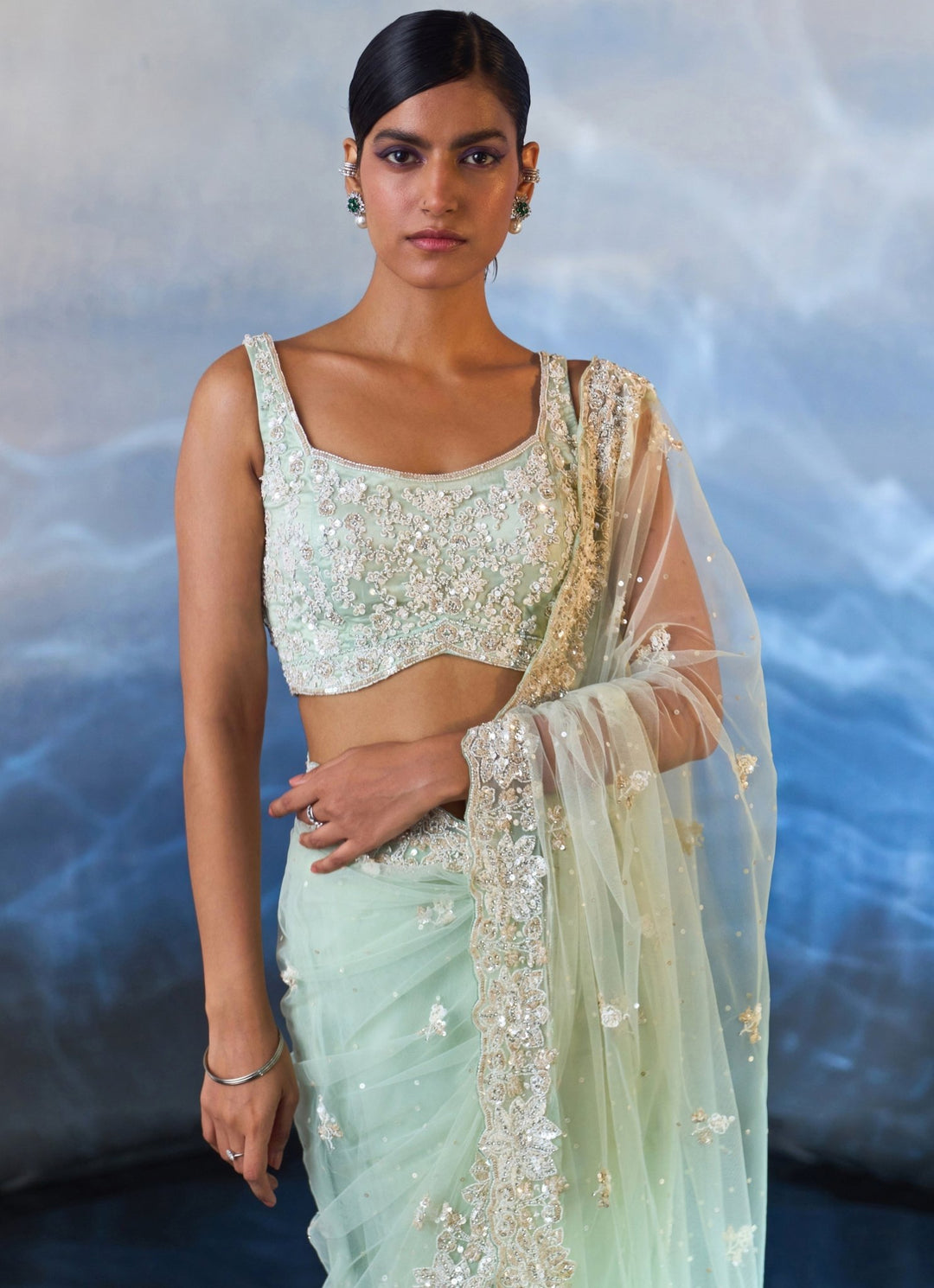Ice Blue Embroidered Net Saree Angad Singh - Fabilicious Fashion