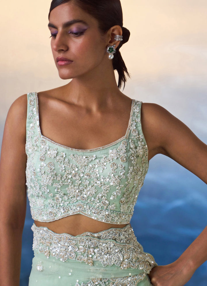 Ice Blue Embroidered Net Saree Angad Singh - Fabilicious Fashion