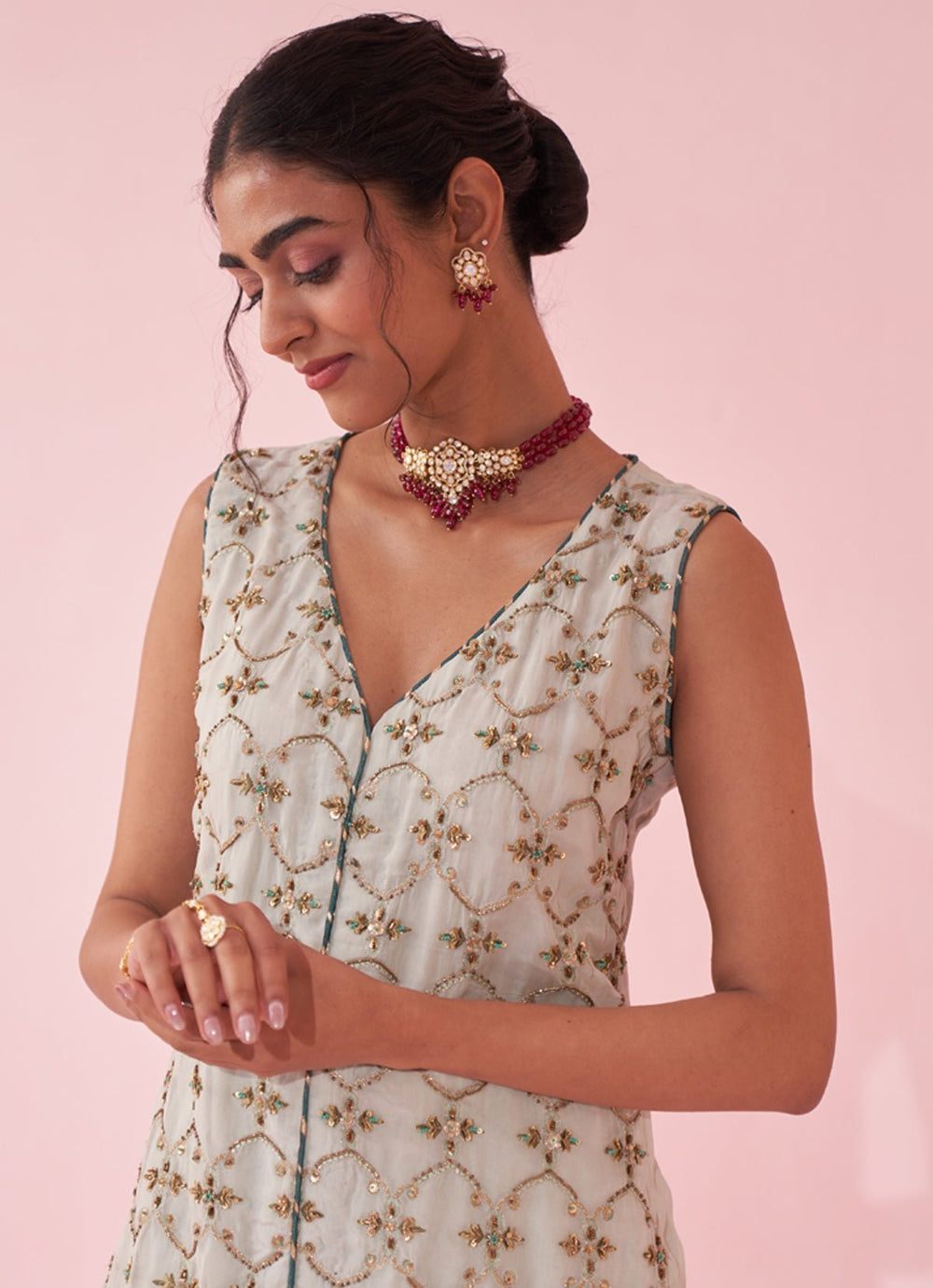 Ice Blue Embroidered Organza Kurta Sharara Set Studio Bagechaa - Fabilicious Fashion