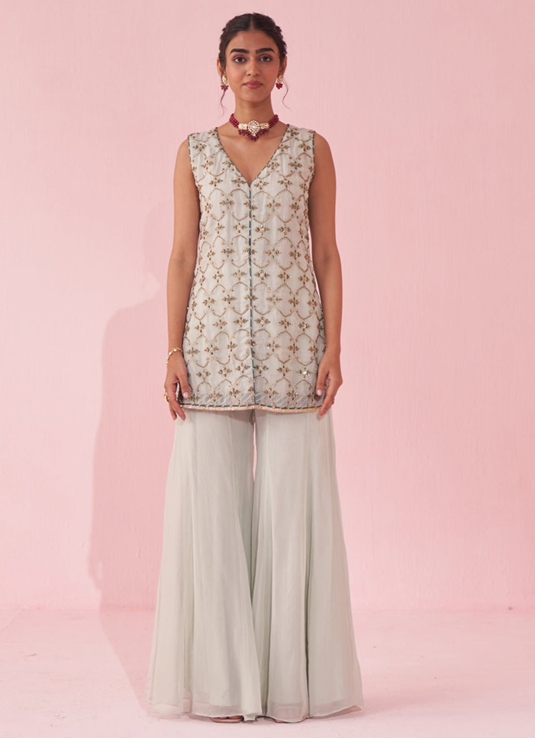 Ice Blue Embroidered Organza Kurta Sharara Set Studio Bagechaa - Fabilicious Fashion