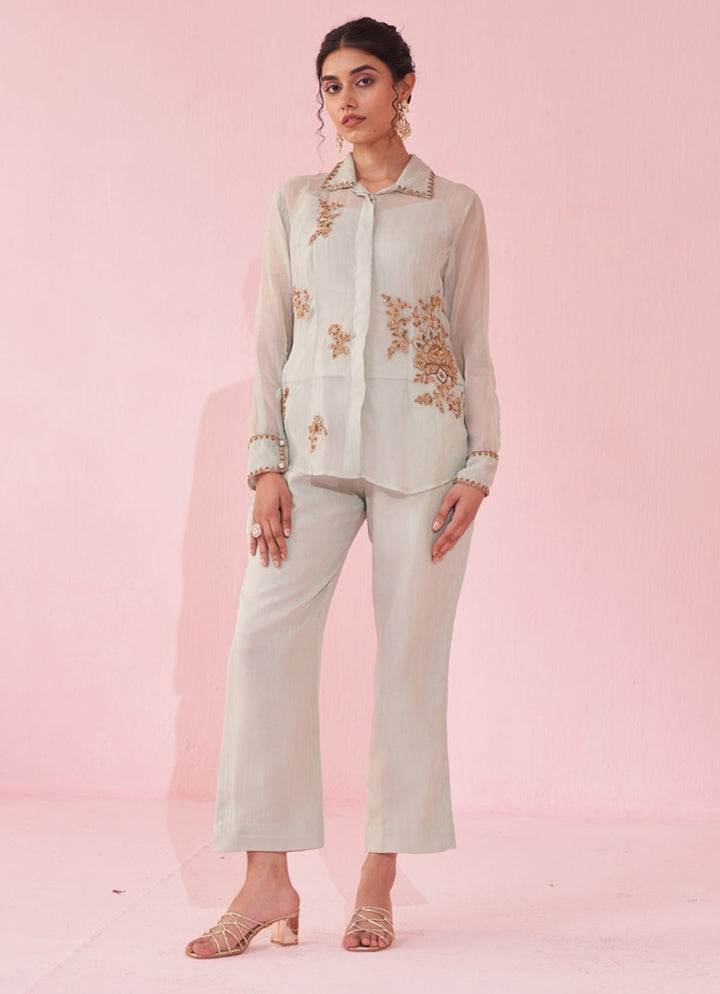 Ice Blue Embroidered Organza Shirt Pants Set Studio Bagechaa - Fabilicious Fashion