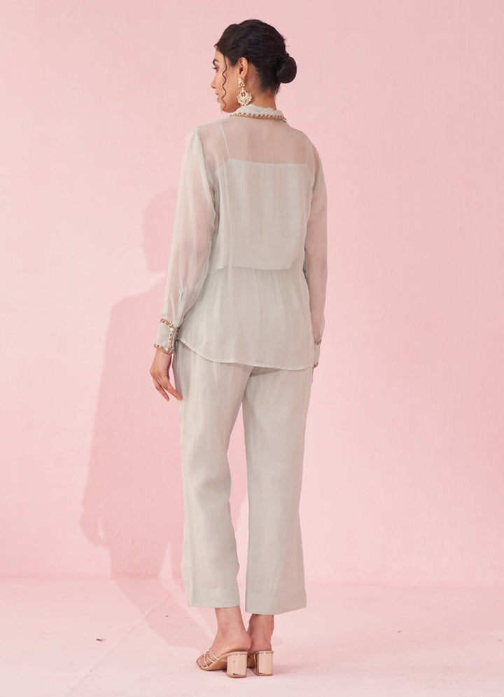 Ice Blue Embroidered Organza Shirt Pants Set Studio Bagechaa - Fabilicious Fashion