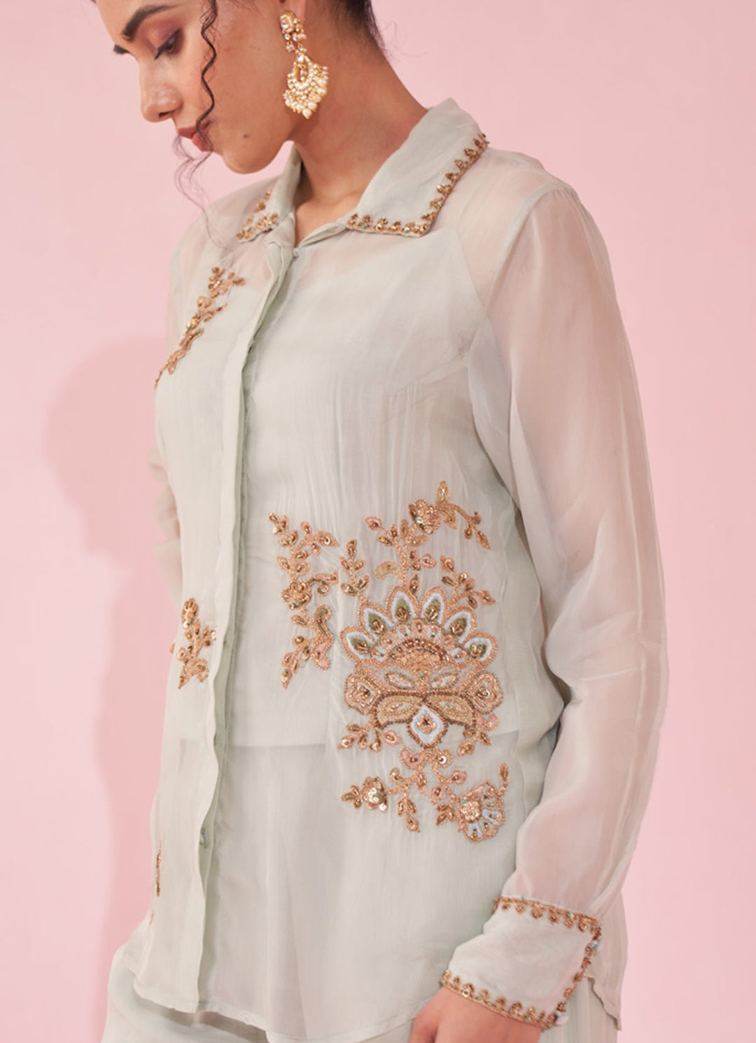 Ice Blue Embroidered Organza Shirt Pants Set Studio Bagechaa - Fabilicious Fashion