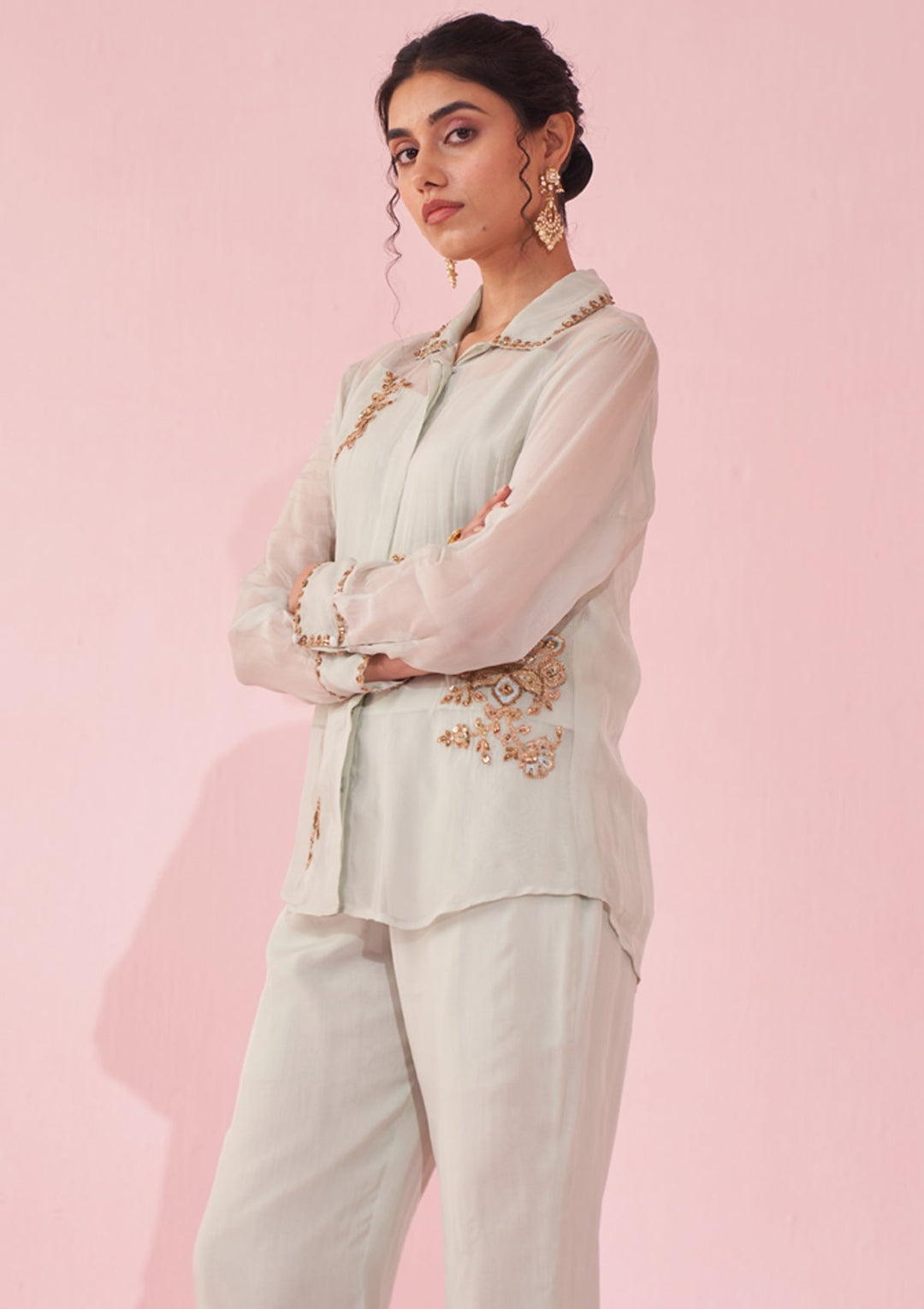 Ice Blue Embroidered Organza Shirt Pants Set Studio Bagechaa - Fabilicious Fashion
