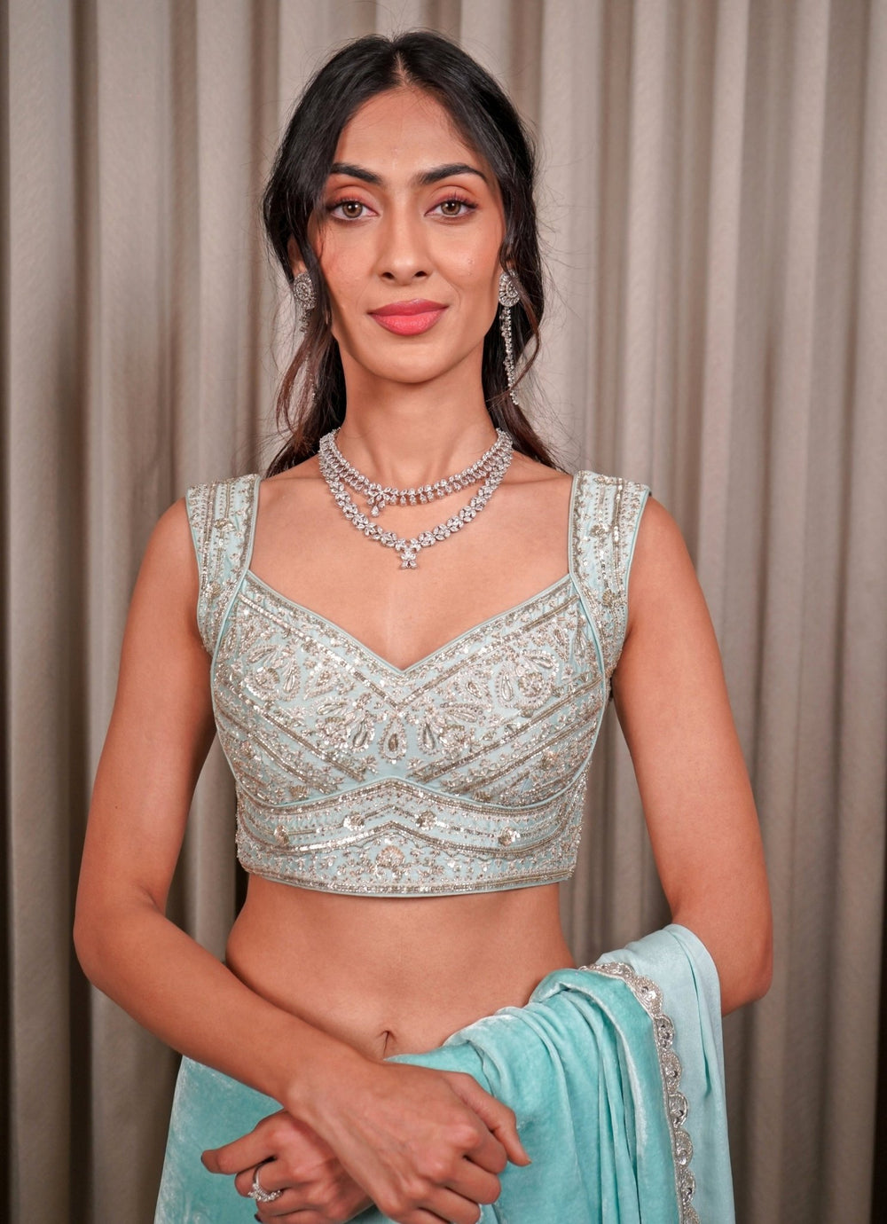 Ice Blue Embroidered Velvet Saree Esha Koul - Fabilicious Fashion