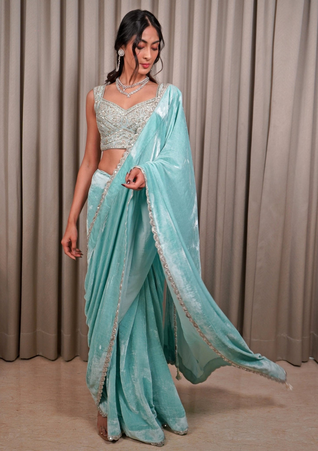 Ice Blue Embroidered Velvet Saree Esha Koul - Fabilicious Fashion
