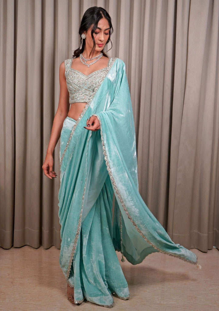 Ice Blue Embroidered Velvet Saree Esha Koul - Fabilicious Fashion