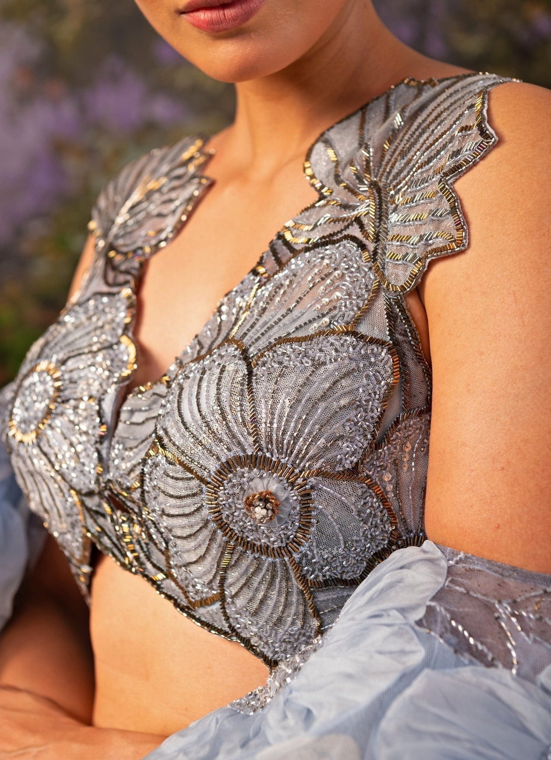 Ice Blue Floral Embroidered And Pre - Draped Georgette Saree Moledro - Fabilicious Fashion