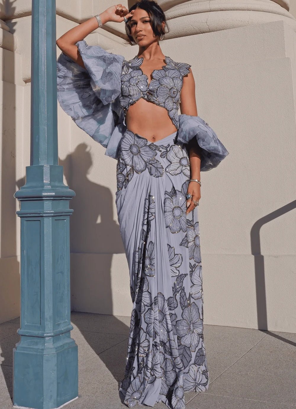 Ice Blue Floral Embroidered And Pre - Draped Georgette Saree Moledro - Fabilicious Fashion