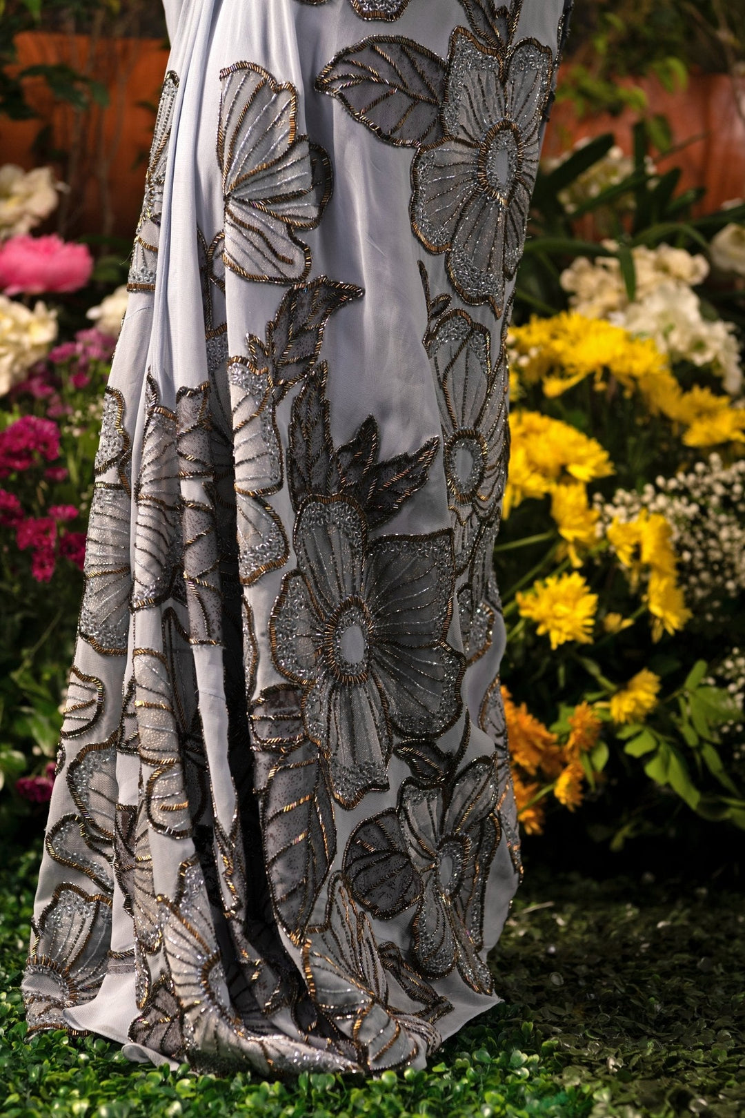 Ice Blue Floral Embroidered And Pre - Draped Georgette Saree Moledro - Fabilicious Fashion