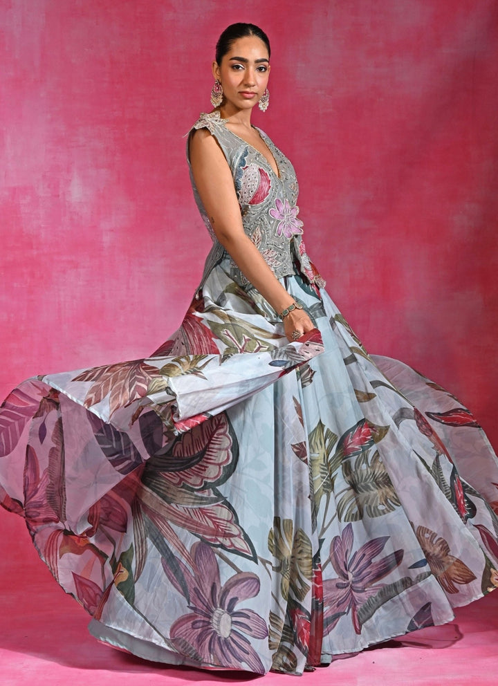 Rishi and Vibhuti Ice Blue Floral Organza Lehenga Set With ShrugFabilicious Fashion