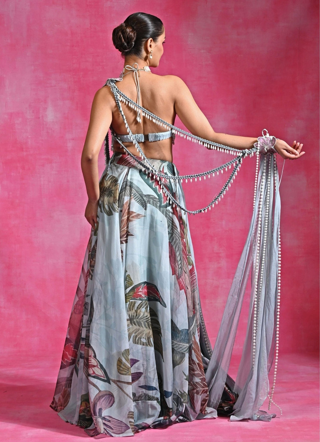 Rishi and Vibhuti Ice Blue Printed Organza Lehenga Set With CapeFabilicious Fashion