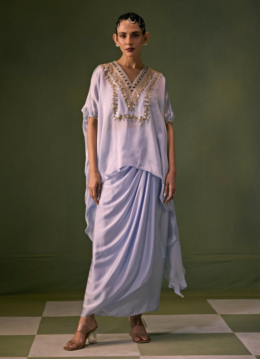 Prahnaaya Ice Blue Satin Wrap Skirt Set With Asymmetric TopFabilicious Fashion