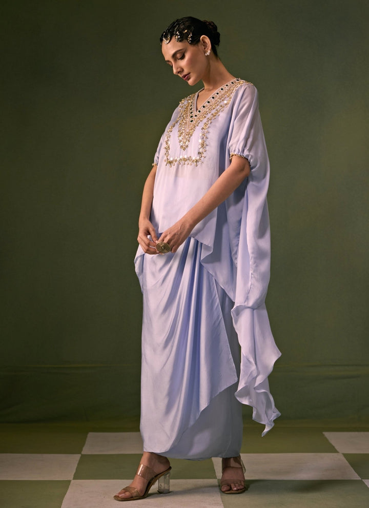 Prahnaaya Ice Blue Satin Wrap Skirt Set With Asymmetric TopFabilicious Fashion