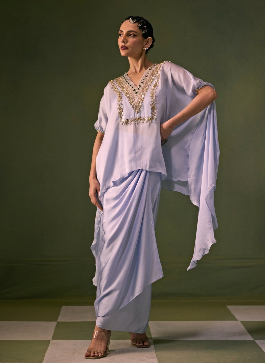 Prahnaaya Ice Blue Satin Wrap Skirt Set With Asymmetric TopFabilicious Fashion