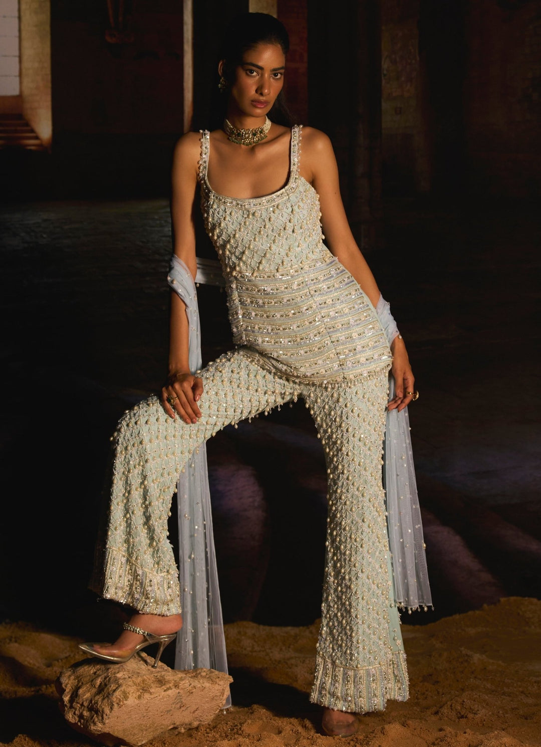 Ice Blue Sequins Embroidered Kurta Sharara Set Mani Bhatia - Fabilicious Fashion
