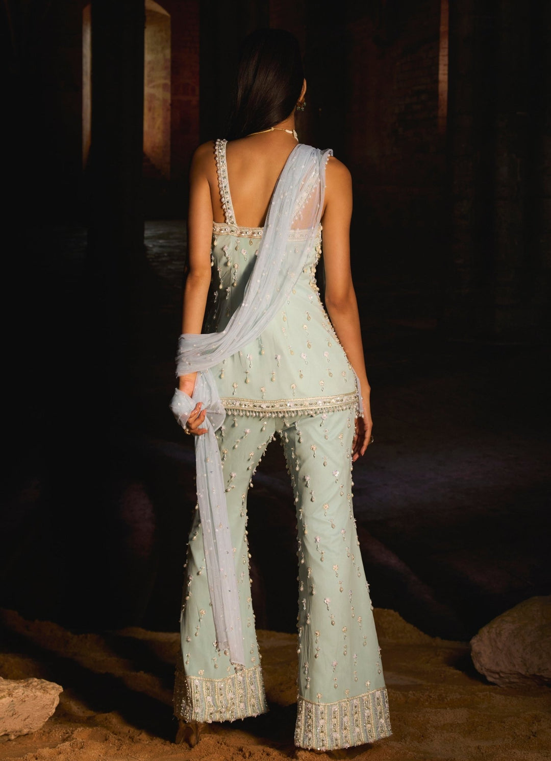 Ice Blue Sequins Embroidered Kurta Sharara Set Mani Bhatia - Fabilicious Fashion