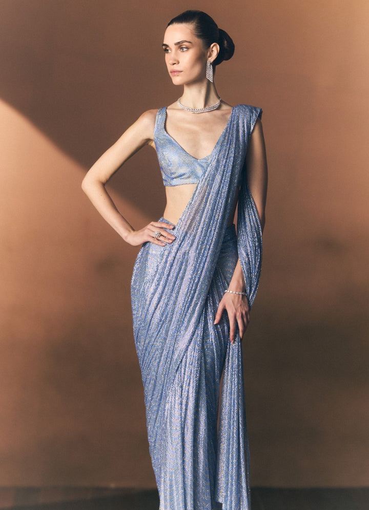 Angad Singh Ice Blue Soft Net Pre-Draped SareeFabilicious Fashion