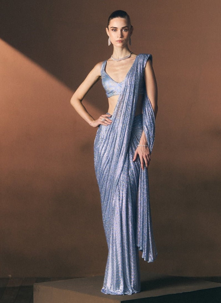 Angad Singh Ice Blue Soft Net Pre-Draped SareeFabilicious Fashion