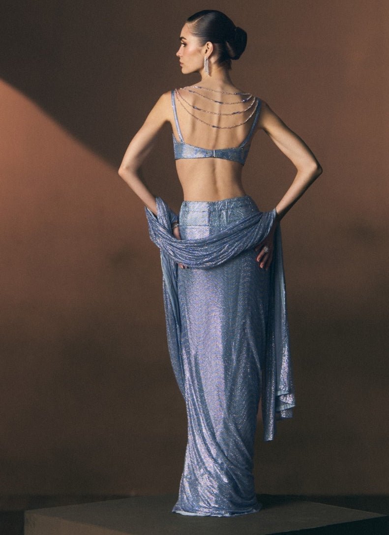 Angad Singh Ice Blue Soft Net Pre-Draped SareeFabilicious Fashion