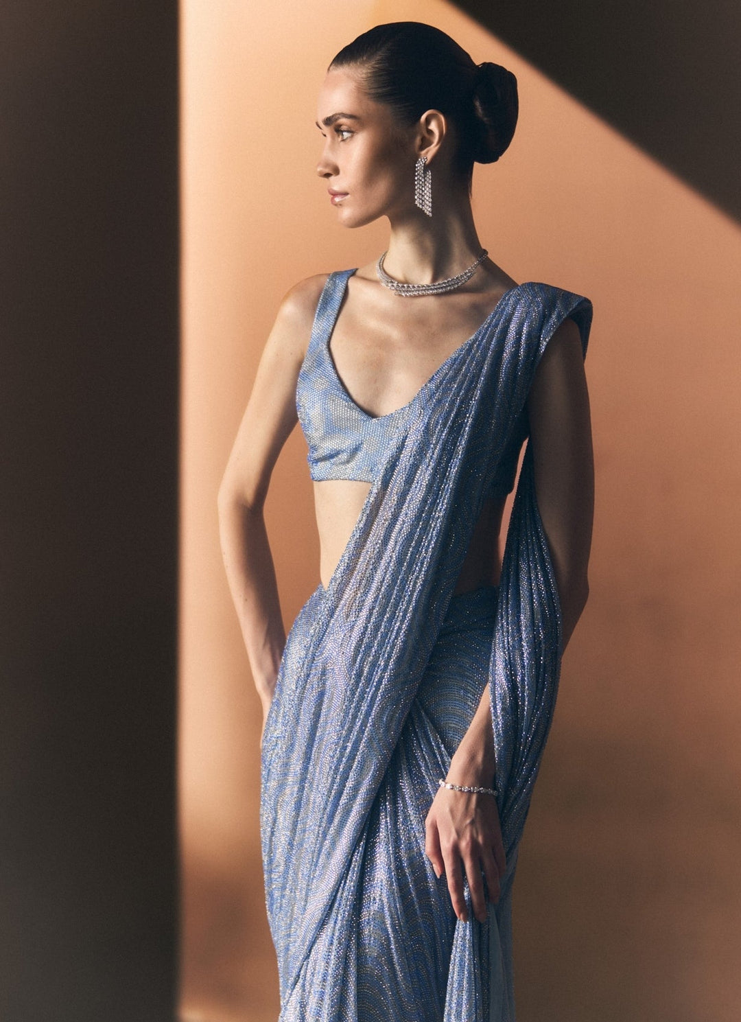 Angad Singh Ice Blue Soft Net Pre-Draped SareeFabilicious Fashion