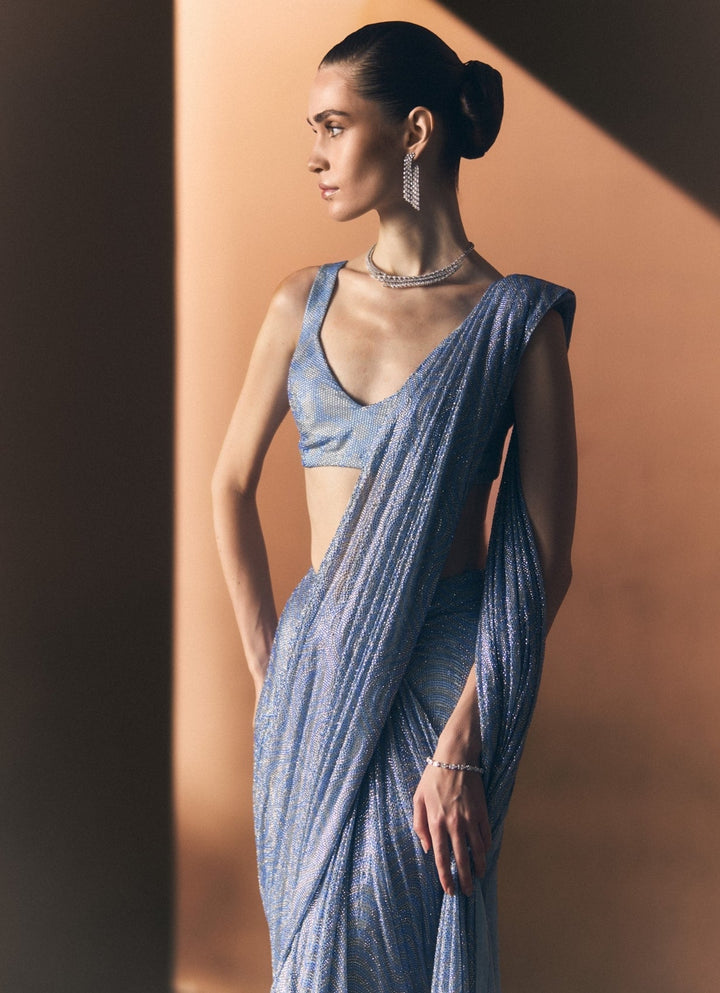 Angad Singh Ice Blue Soft Net Pre-Draped SareeFabilicious Fashion