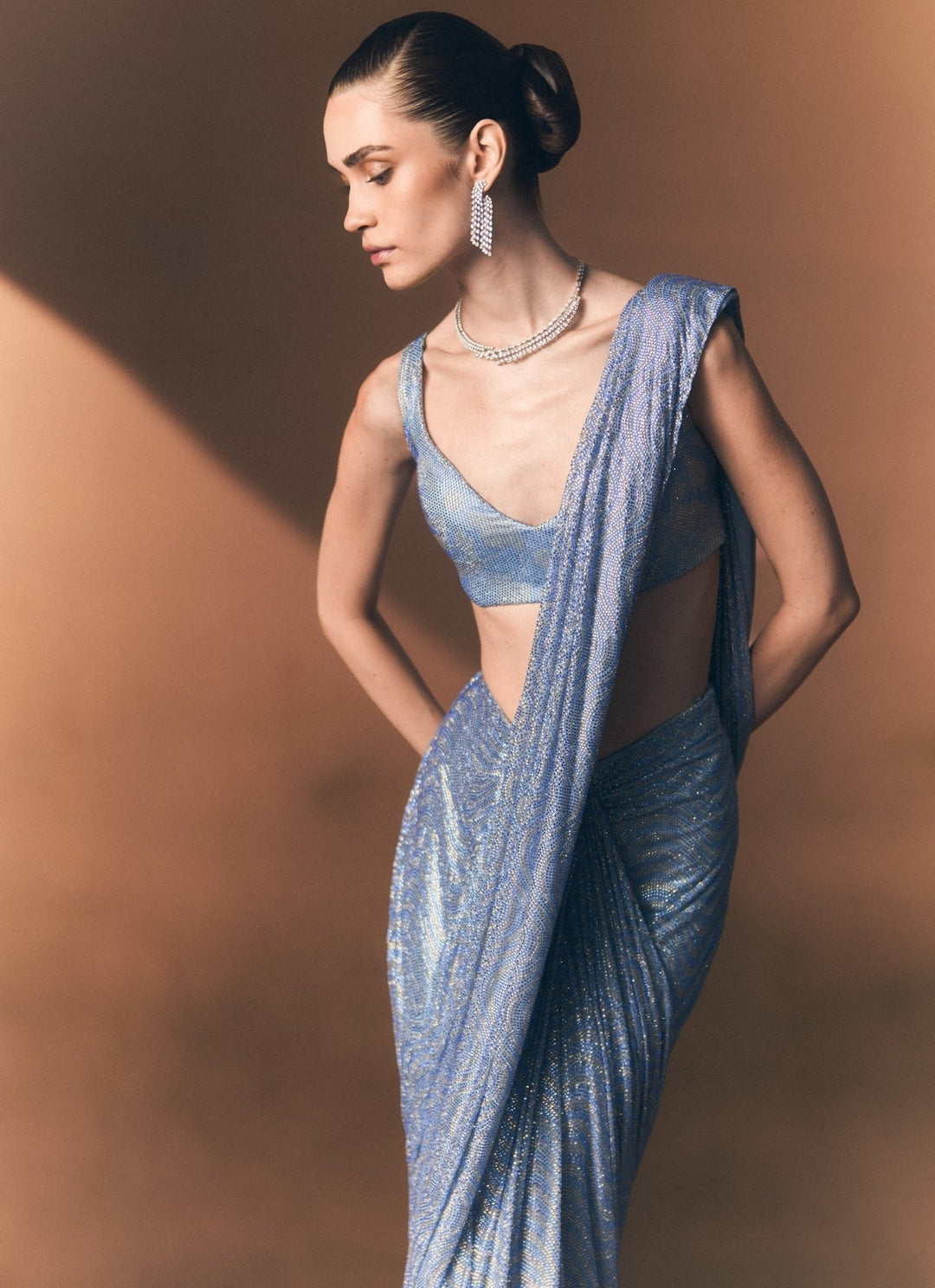 Angad Singh Ice Blue Soft Net Pre-Draped SareeFabilicious Fashion
