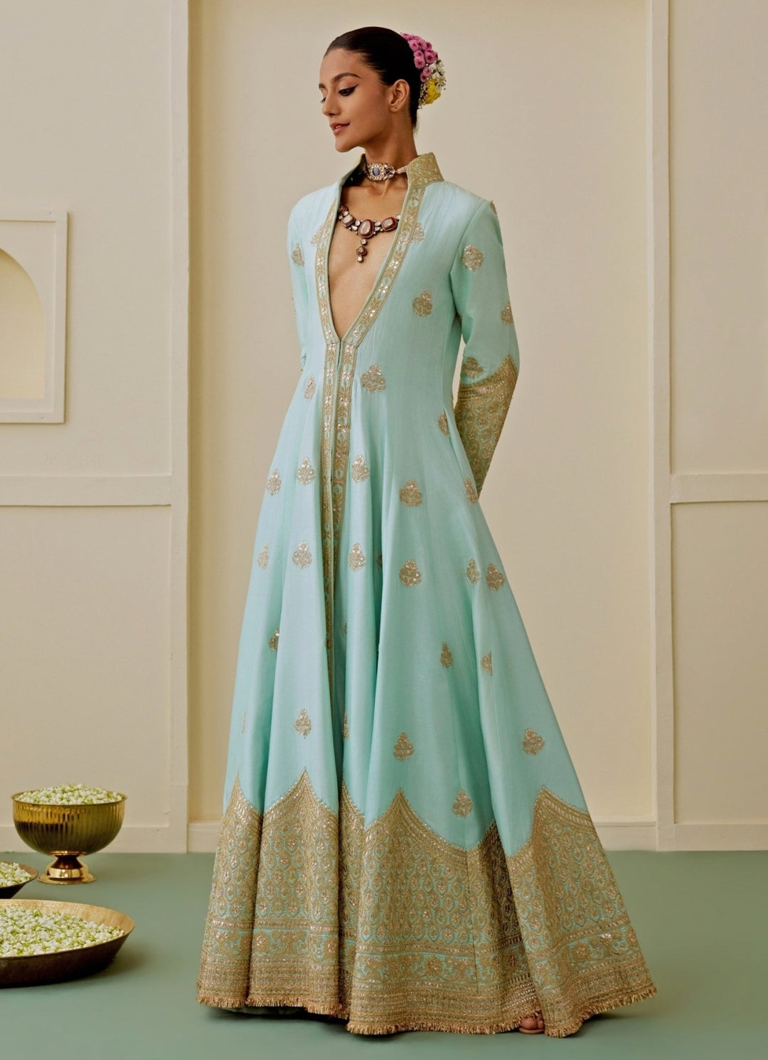 Gopi Vaid Ice Blue Tussar Anarkali SetFabilicious Fashion