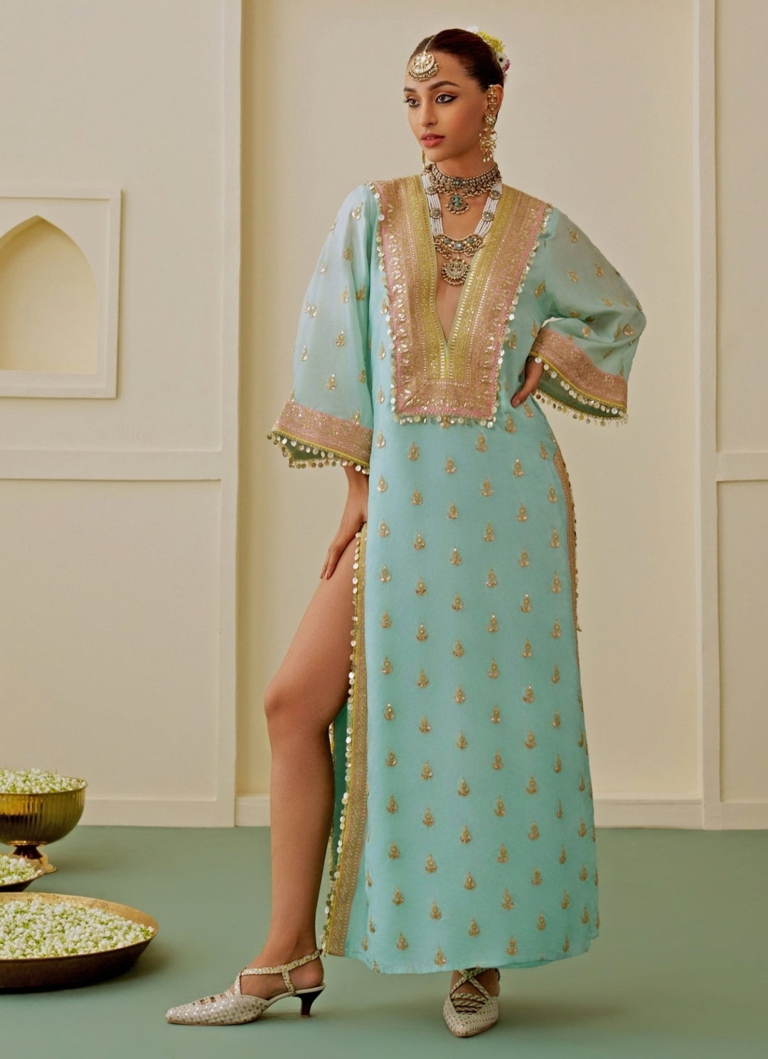 Gopi Vaid Ice Blue Tussar Kaftan SetFabilicious Fashion