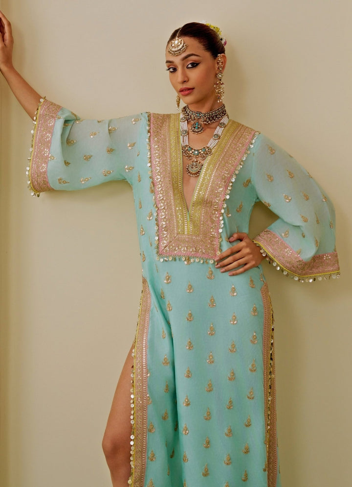 Gopi Vaid Ice Blue Tussar Kaftan SetFabilicious Fashion