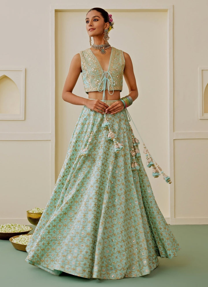 Gopi Vaid Ice Blue Tussar Lehenga SetFabilicious Fashion