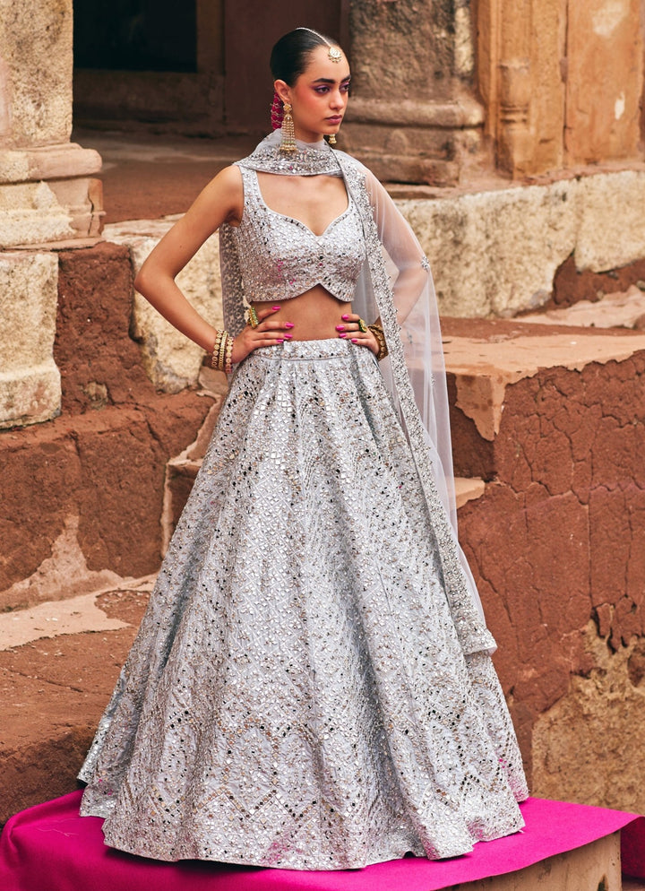 Ice Grey And Silver Raw Silk Lehenga Set Angad Singh - Fabilicious Fashion
