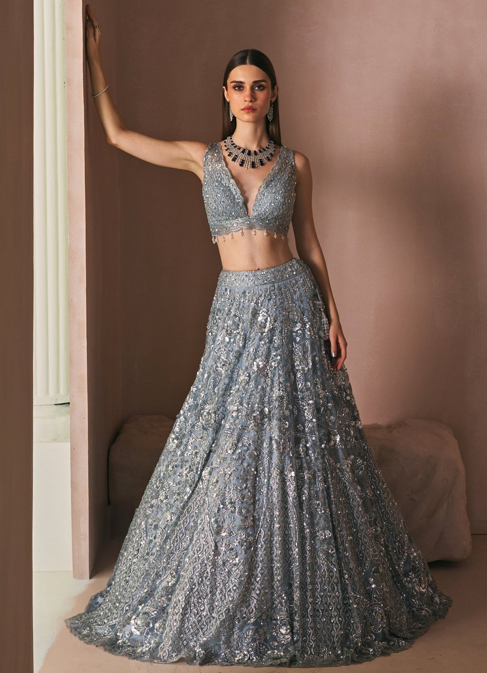 Ice Grey Crystal Embroidered Lehenga Set Angad Singh - Fabilicious Fashion