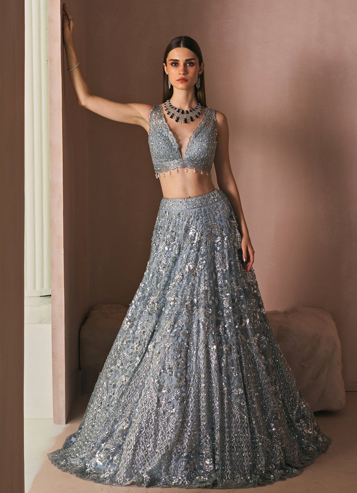 Ice Grey Crystal Embroidered Lehenga Set Angad Singh - Fabilicious Fashion