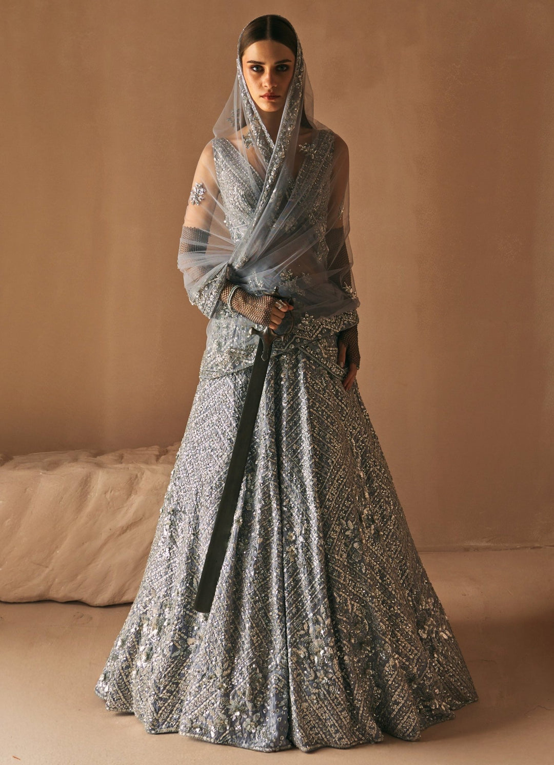 Ice Grey Crystal Embroidered Lehenga Set Angad Singh - Fabilicious Fashion