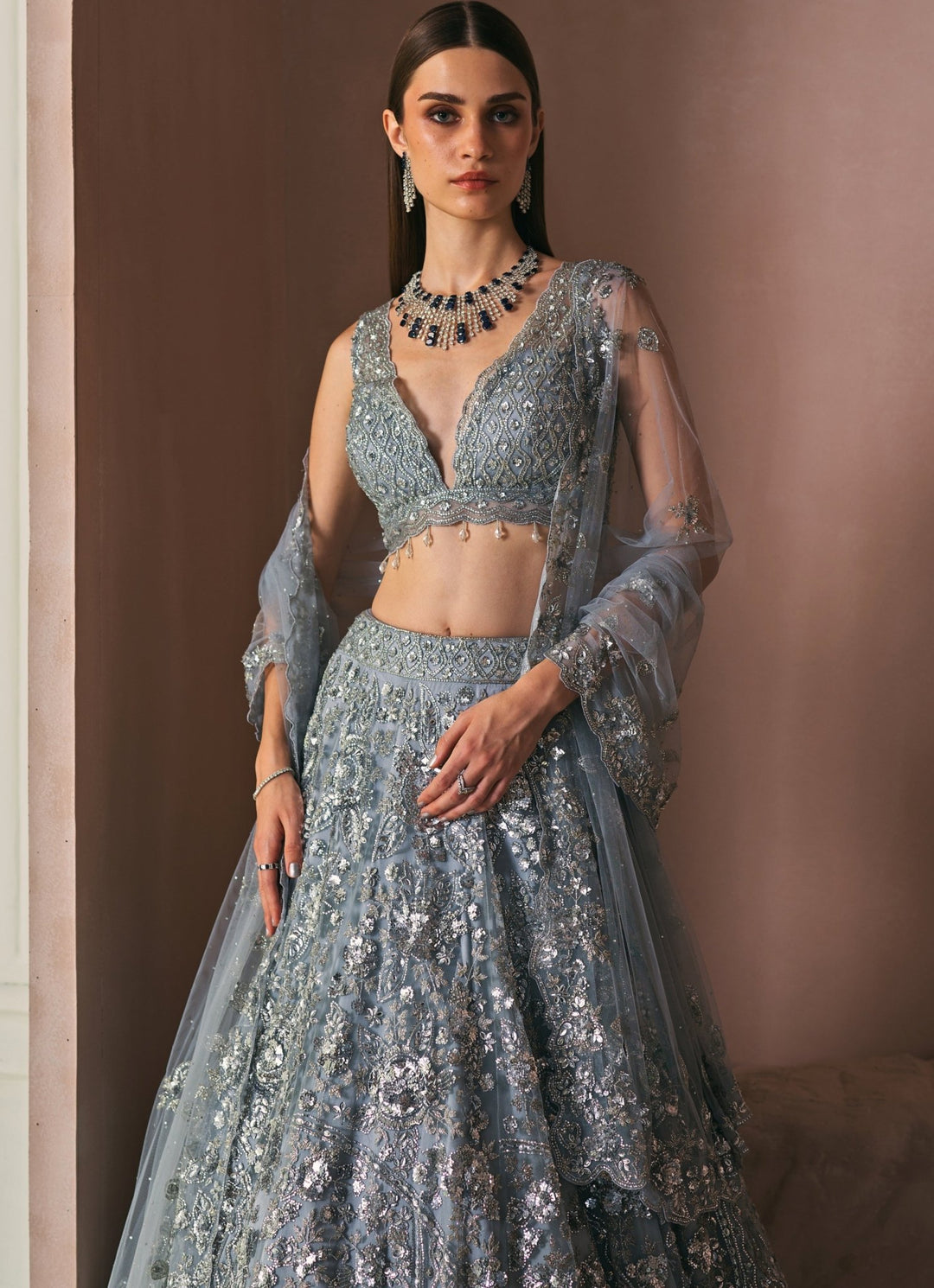Ice Grey Crystal Embroidered Lehenga Set Angad Singh - Fabilicious Fashion
