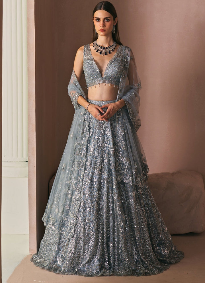Ice Grey Crystal Embroidered Lehenga Set Angad Singh - Fabilicious Fashion
