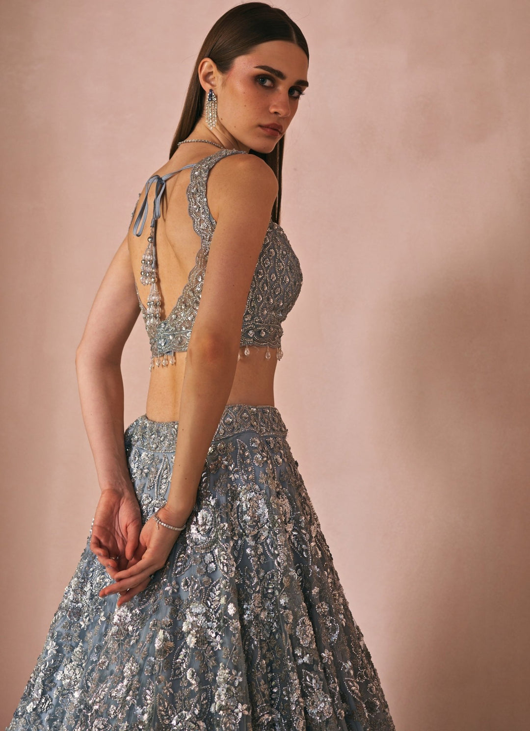 Ice Grey Crystal Embroidered Lehenga Set Angad Singh - Fabilicious Fashion