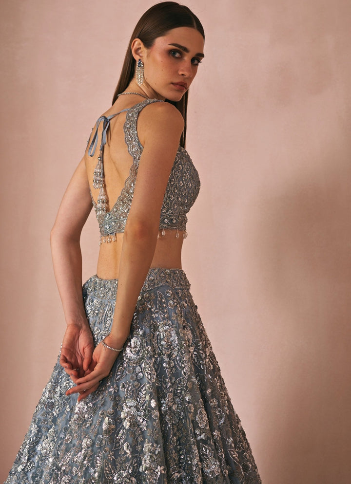 Ice Grey Crystal Embroidered Lehenga Set Angad Singh - Fabilicious Fashion