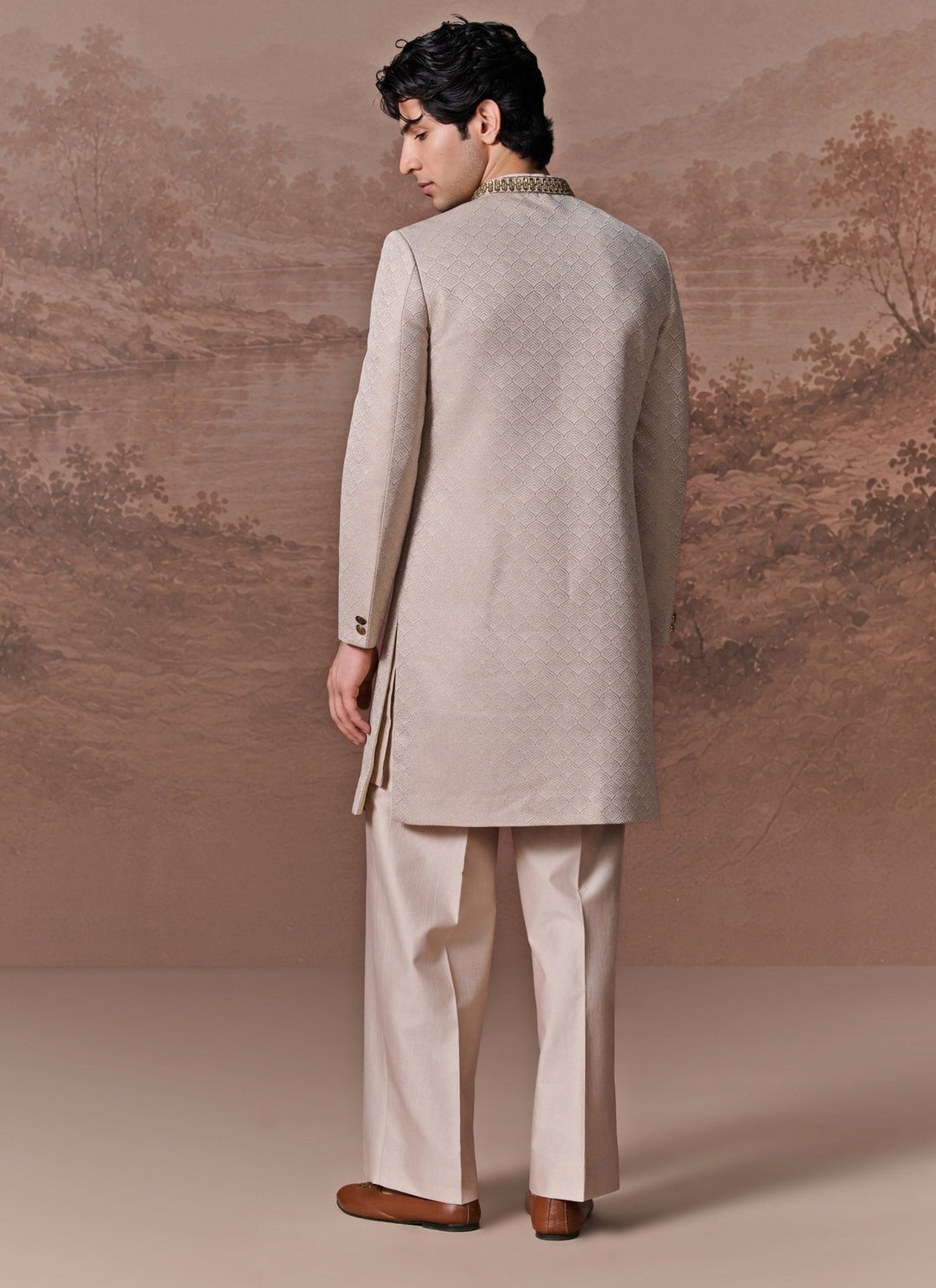 Contrast by Parth Ice Grey Embroidered Jacquard Sherwani SetFabilicious Fashion