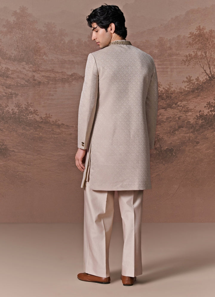 Contrast by Parth Ice Grey Embroidered Jacquard Sherwani SetFabilicious Fashion