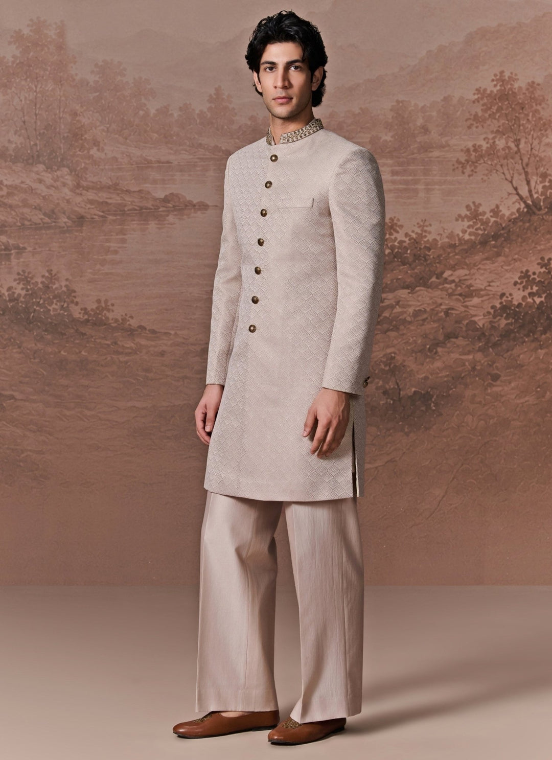 Contrast by Parth Ice Grey Embroidered Jacquard Sherwani SetFabilicious Fashion