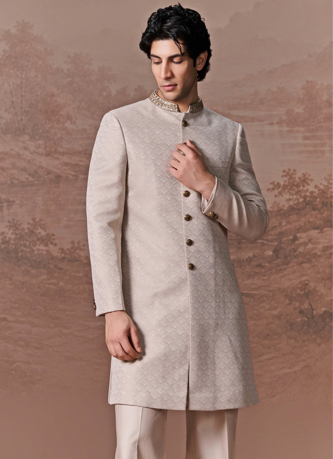 Contrast by Parth Ice Grey Embroidered Jacquard Sherwani SetFabilicious Fashion
