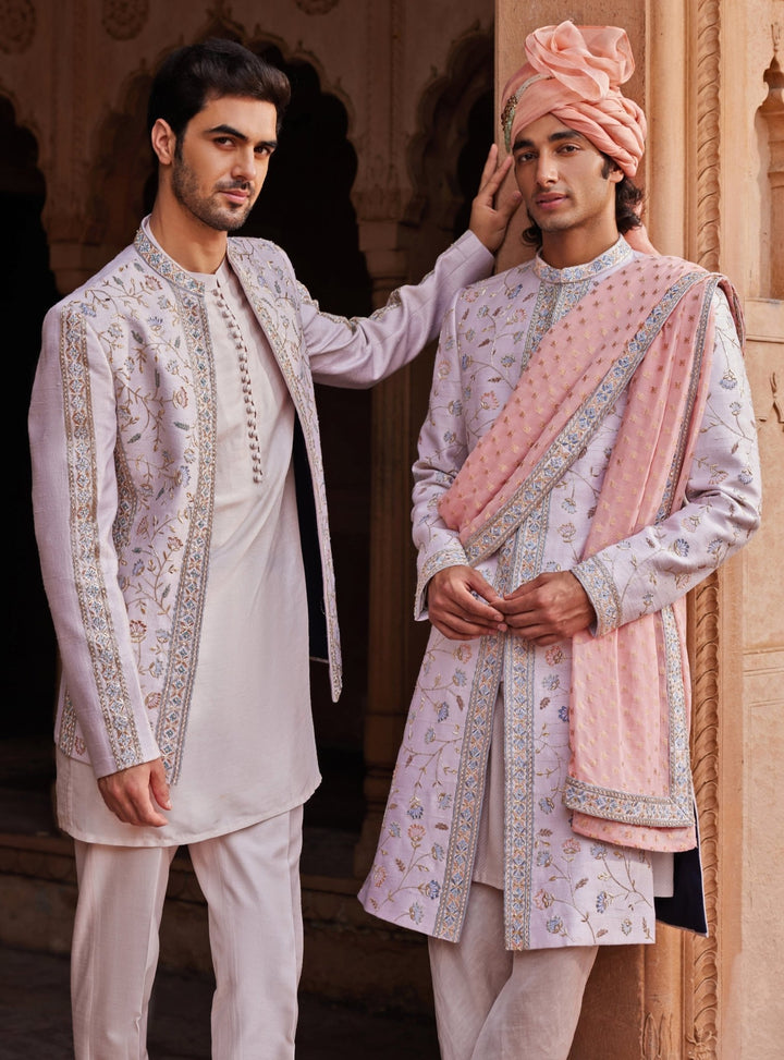 Ice Grey Embroidered Kurta Jacket Set Contrast By Parth - Fabilicious Fashion