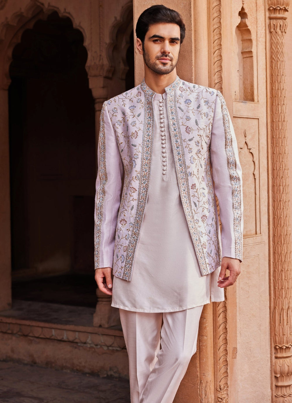 Ice Grey Embroidered Kurta Jacket Set Contrast By Parth - Fabilicious Fashion