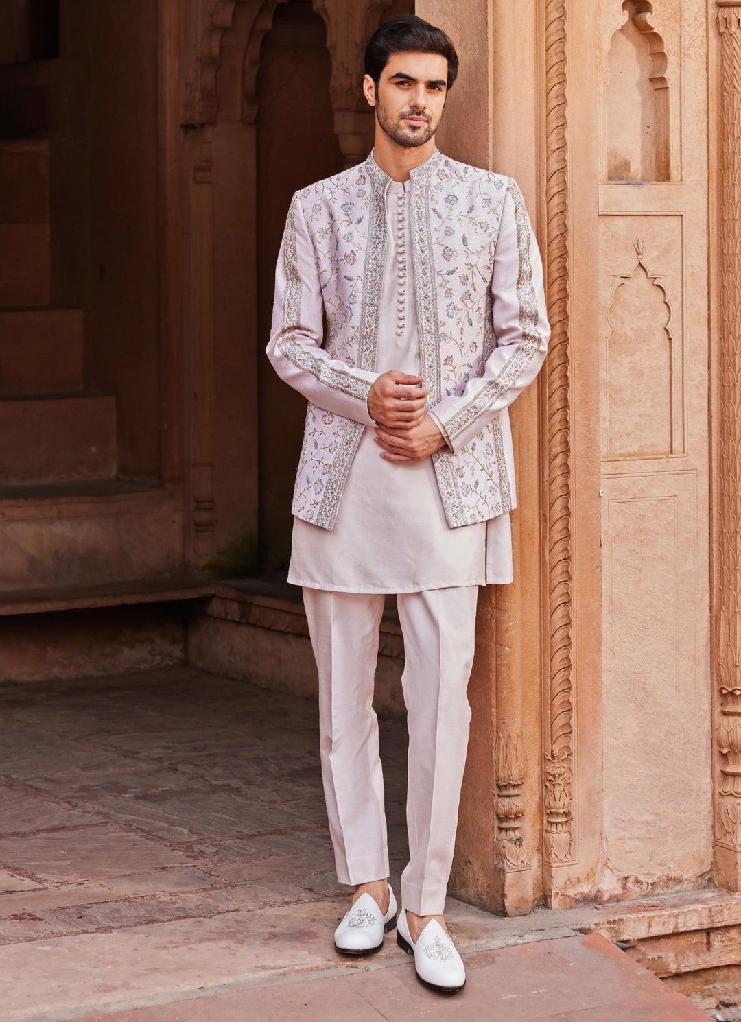 Ice Grey Embroidered Kurta Jacket Set Contrast By Parth - Fabilicious Fashion