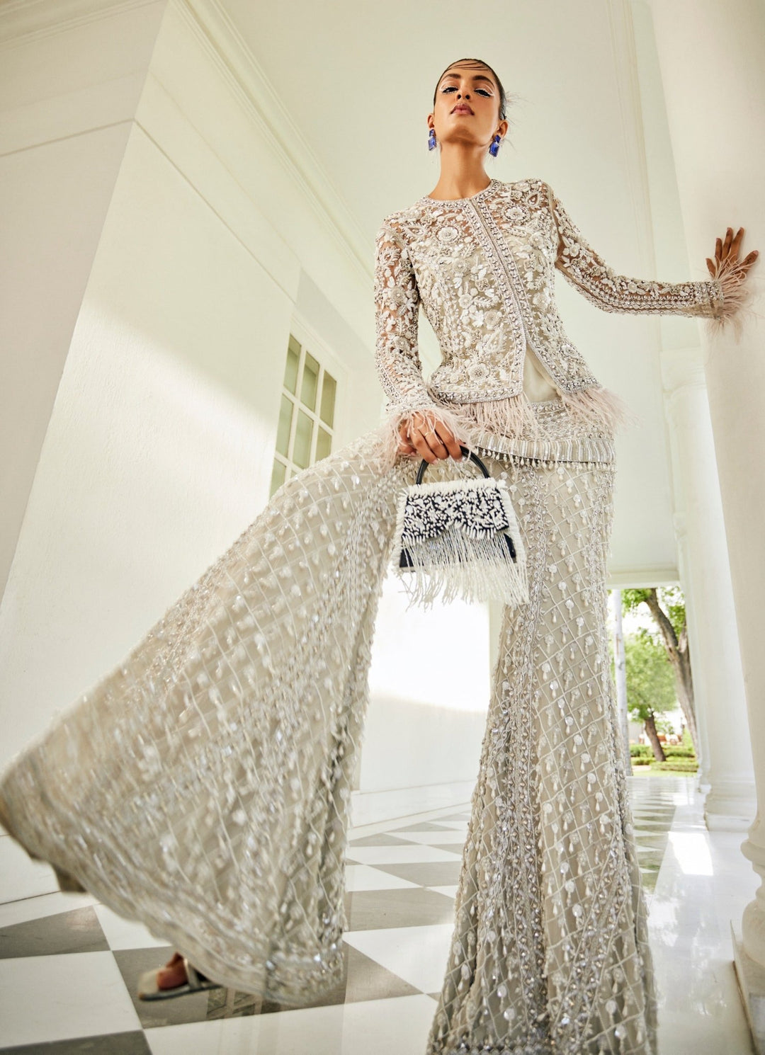 Ice Grey Embroidered Kurta Sharara Set With Jacket Mani Bhatia - Fabilicious Fashion
