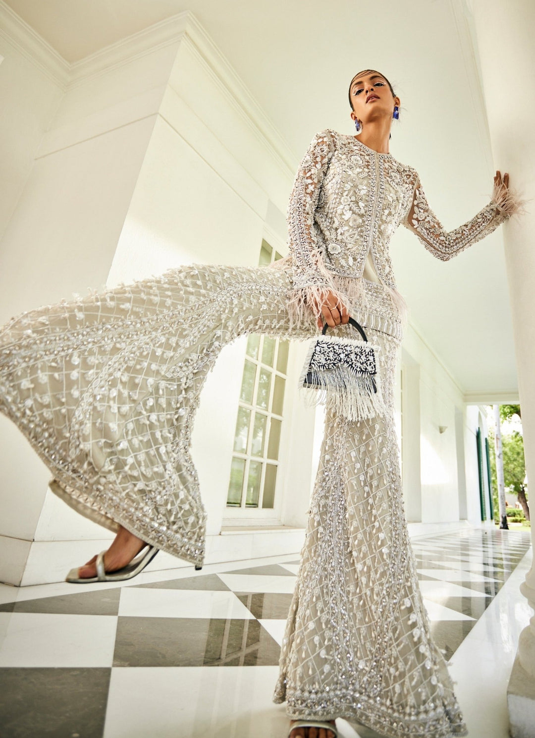 Ice Grey Embroidered Kurta Sharara Set With Jacket Mani Bhatia - Fabilicious Fashion
